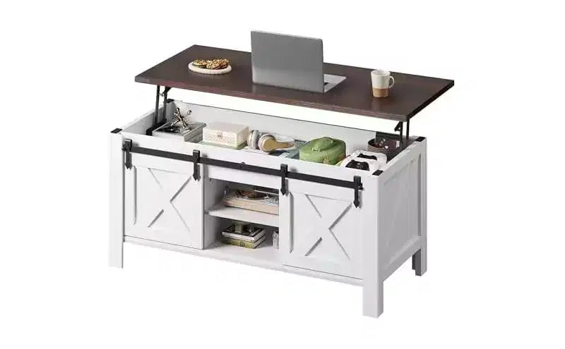 Table basse relevable de style rustique de 47,3 po avec portes coulissantes de grange, grand compartiment de rangement caché et étagère modulable pour salon