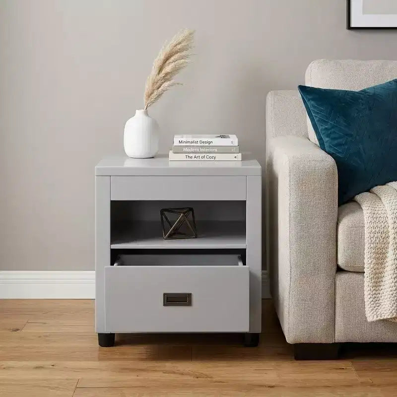 Guéridon carré gris tourterelle de 61 cm avec tiroir et étagère