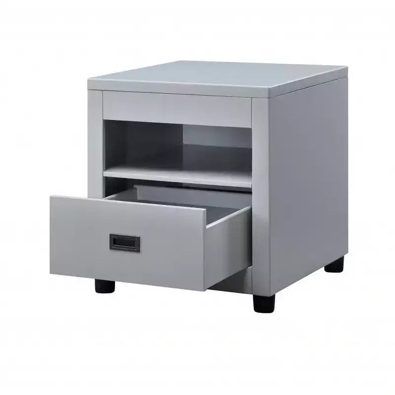 Guéridon carré gris tourterelle de 61 cm avec tiroir et étagère