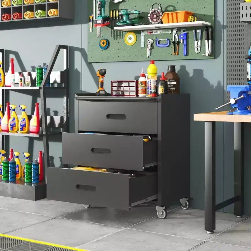 Armoire de rangement en métal robuste avec roues, armoire à outils à 3 tiroirs pour garage, bureau et solutions d'organisation domestique