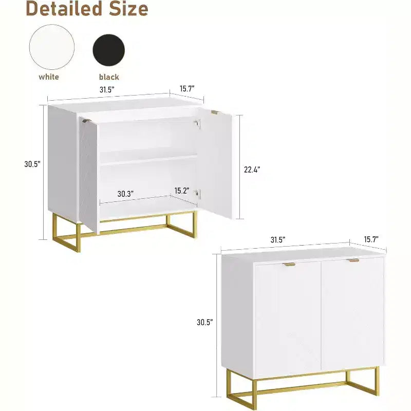 Buffet de salle à manger/entrée moderne en bois à chevrons de 31,5 W avec poignées dorées et 2 portes avec étagère
