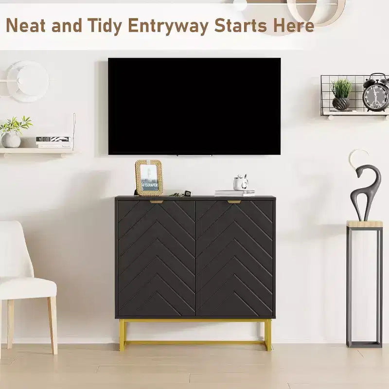Buffet de salle à manger/entrée moderne en bois à chevrons de 31,5 W avec poignées dorées et 2 portes avec étagère
