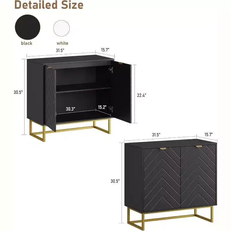 Buffet de salle à manger/entrée moderne en bois à chevrons de 31,5 W avec poignées dorées et 2 portes avec étagère