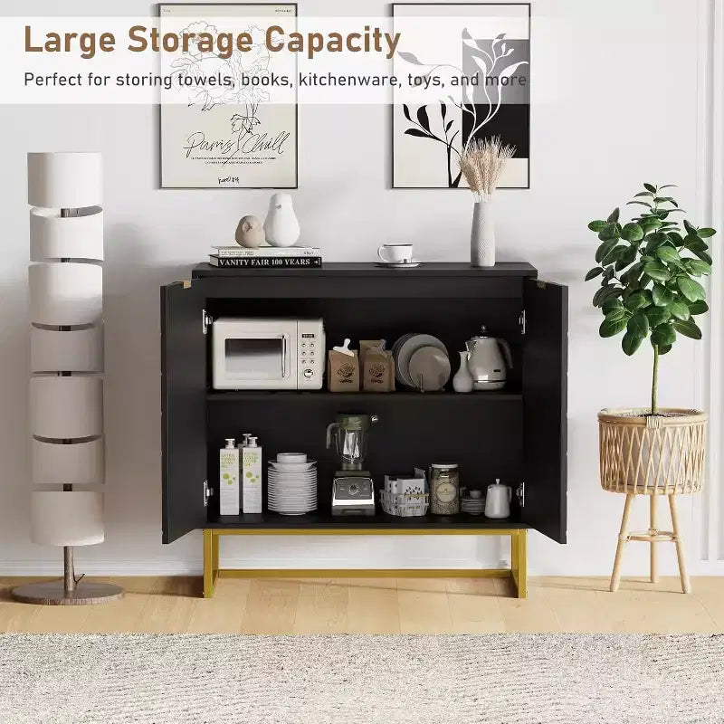 Buffet de salle à manger/entrée moderne en bois à chevrons de 31,5 W avec poignées dorées et 2 portes avec étagère