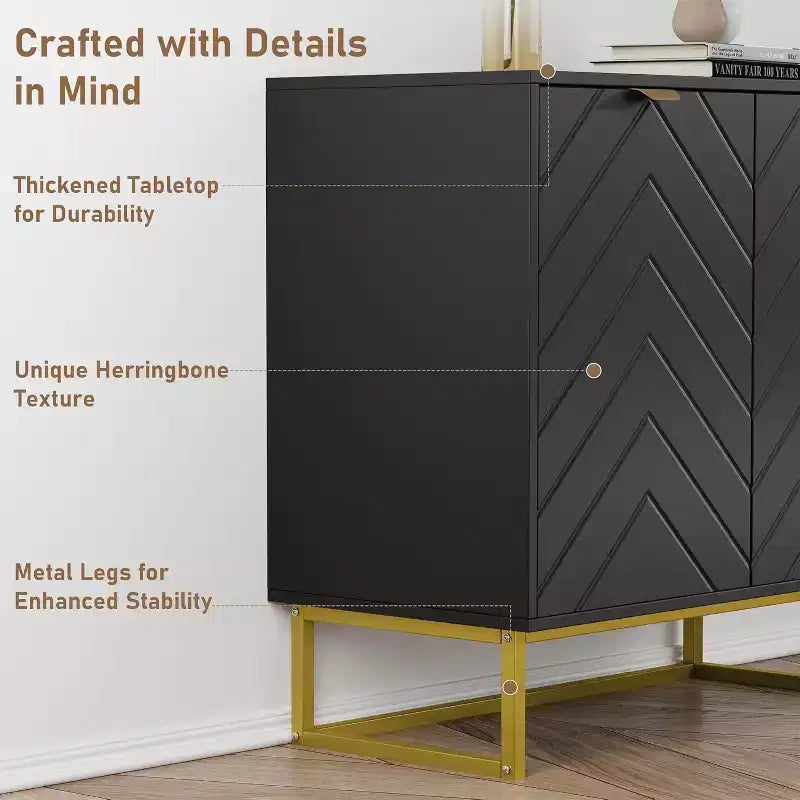 Buffet de salle à manger/entrée moderne en bois à chevrons de 31,5 W avec poignées dorées et 2 portes avec étagère