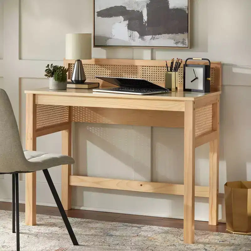 Bureau en rotin naturel avec pieds en pin, finition chêne clair, bureau d'écriture pour la maison/le bureau