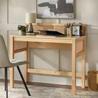 Bureau en rotin naturel avec pieds en pin, finition chêne clair, bureau d'écriture pour la maison/le bureau
