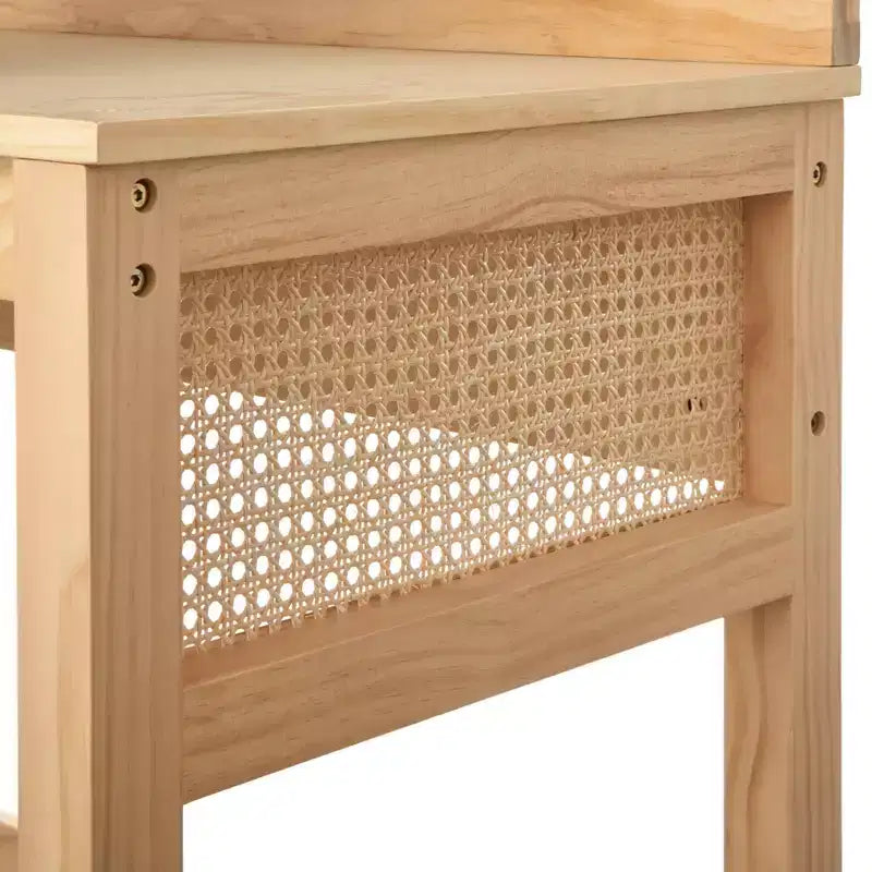 Bureau en rotin naturel avec pieds en pin, finition chêne clair, bureau d'écriture pour la maison/le bureau