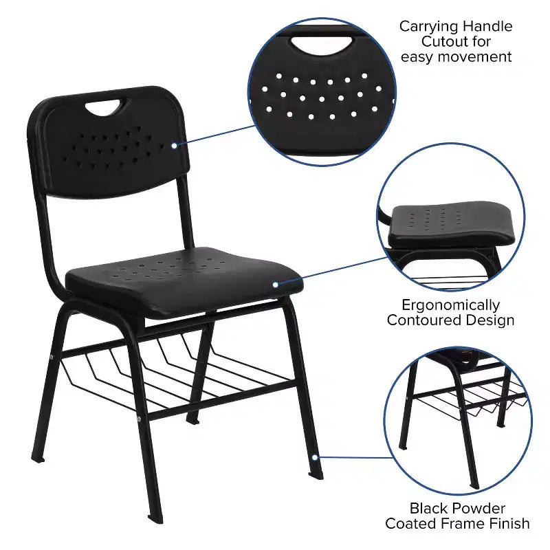Chaise de classe d'étudiant en plastique noir avec panier à livres