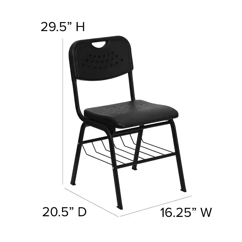 Chaise de classe d'étudiant en plastique noir avec panier à livres