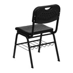 Chaise de classe d'étudiant en plastique noir avec panier à livres