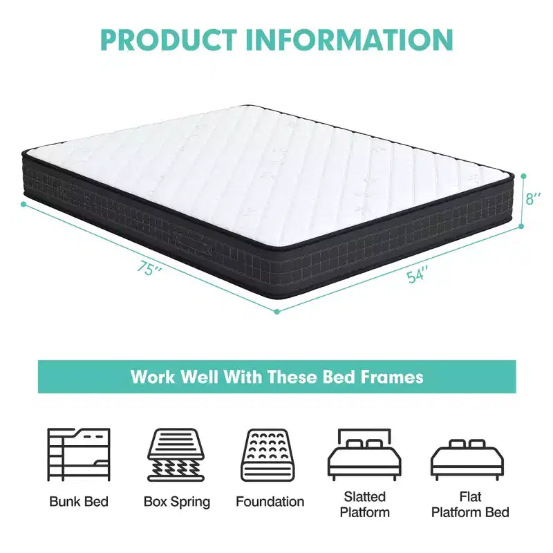 Matelas en mousse à mémoire de forme 8'' Queen/Full/King Size, Fermeté moyenne, Respirant, Soulage la pression