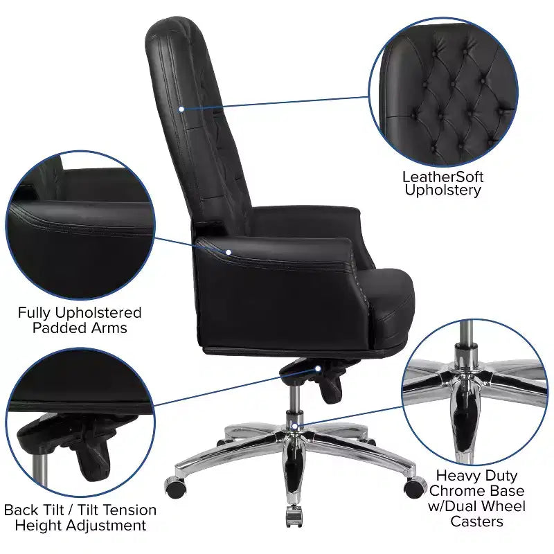 Fauteuil de bureau en similicuir avec soutien lombaire ergonomique et dossier haut capitonné